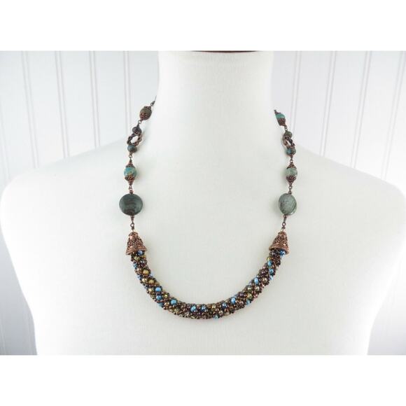 Statement Necklace Turquoise Howlite Beryl Color Copper Tone Metal Ornate Beads - Picture 1 of 12